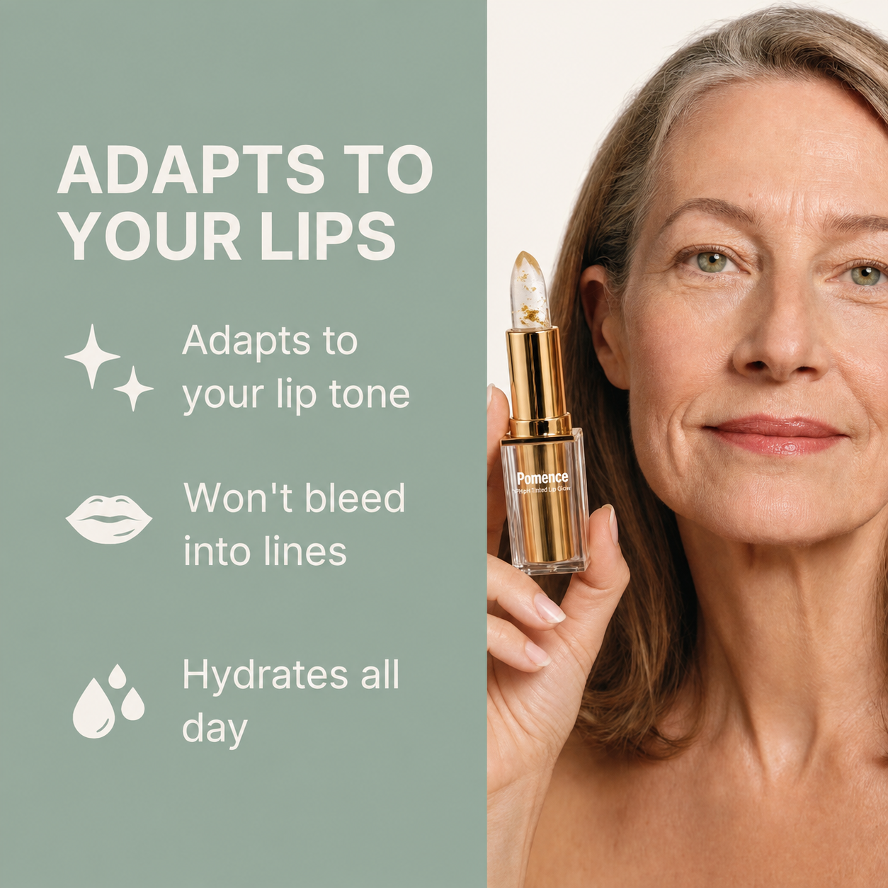 Pomence Signature Lipstick benefits: adapts to your lip tone, won't bleed into lines, hydrates all day