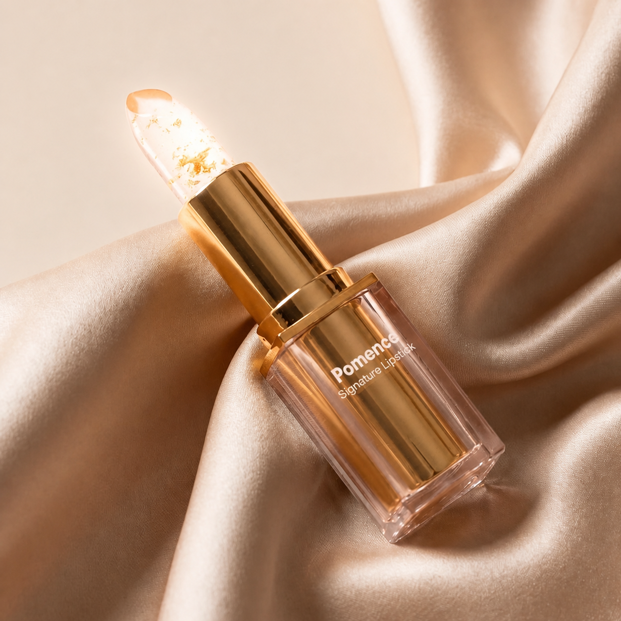 Pomence Signature Lipstick gold tube resting on satin fabric