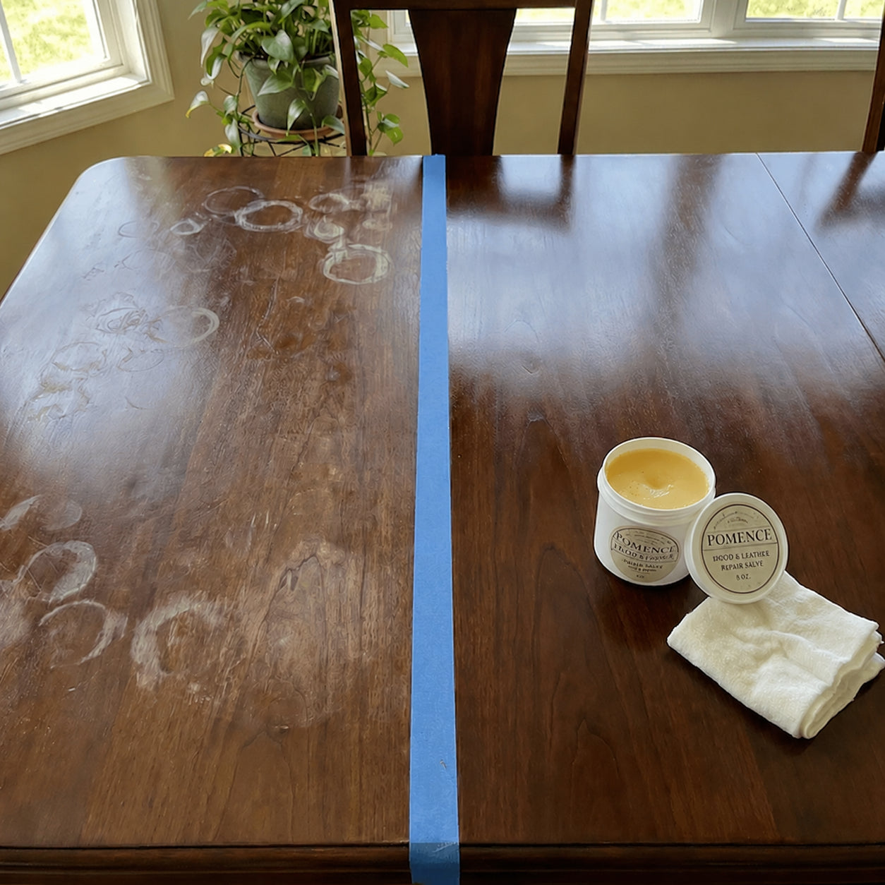 Wood table water rings lifting after Pomence salve is applied
