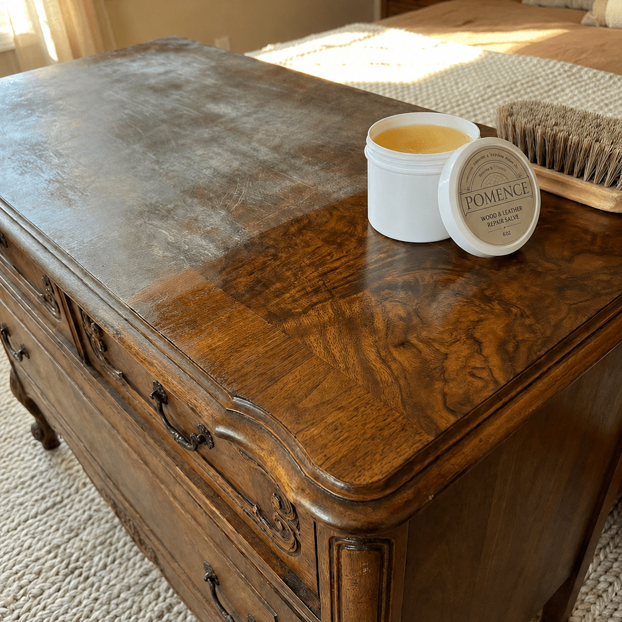 Antique wood dresser top restored from dry and faded to rich glossy brown