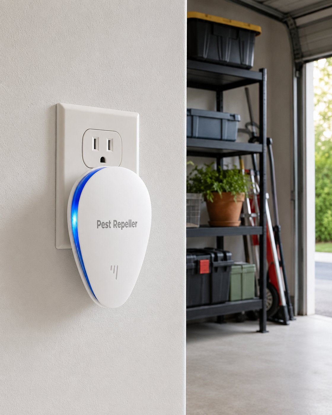 Pomence Pest Repeller plugged in near a garage storage area