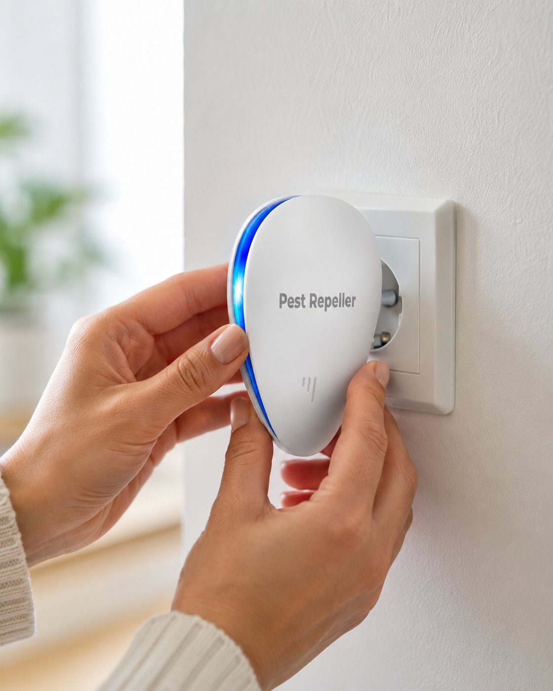 Hands plugging the Pomence Pest Repeller into a wall outlet