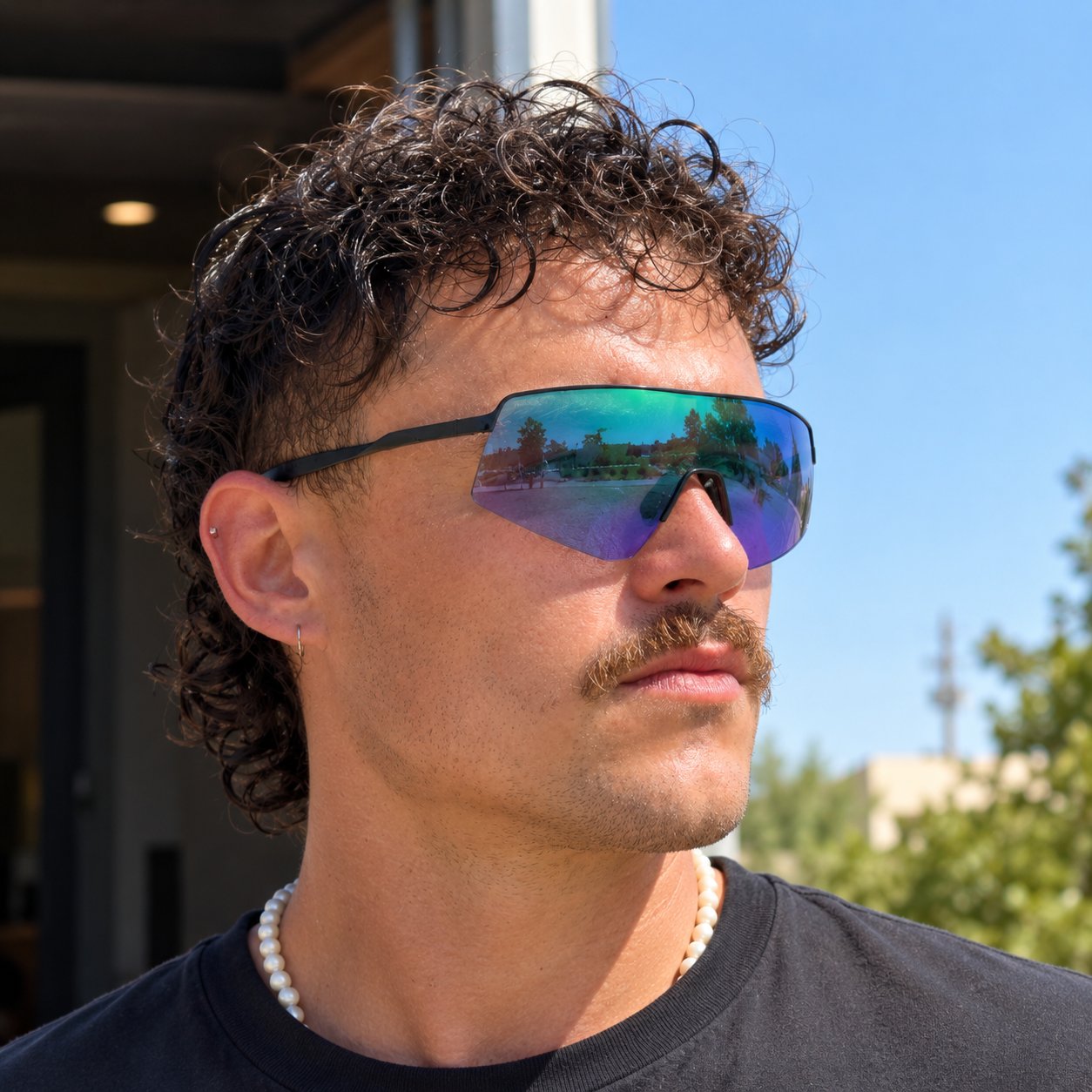 The Pomence™ Photochromic Sport Sunglasses lens mid-transition as a player steps from shade into bright sunlight