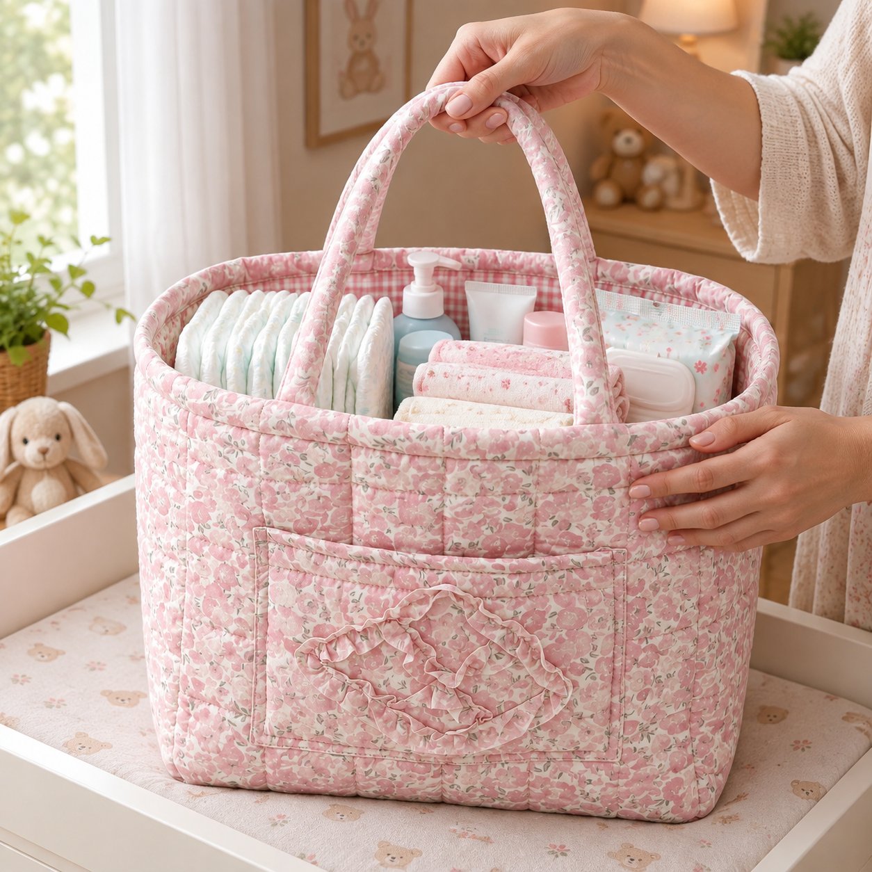 Hand holding the padded loop handle of the quilted basket