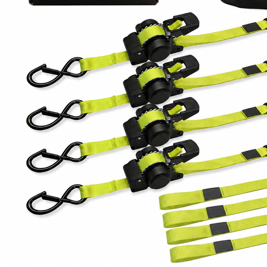 All four ratchet straps and four soft loop tie downs from the set