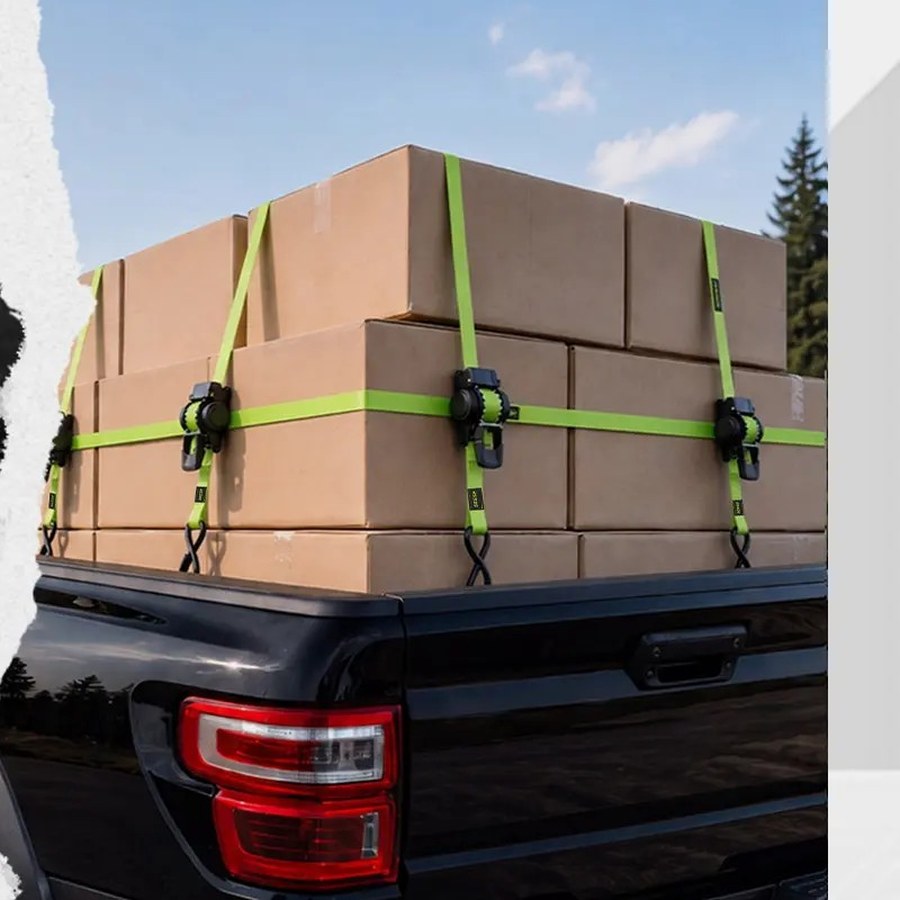 Boxes strapped down flat in a truck bed