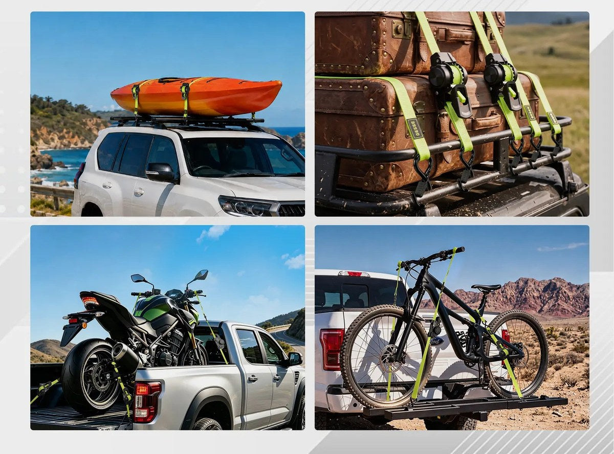 Retractable ratchet straps holding a kayak, cargo, a motorcycle and a bike