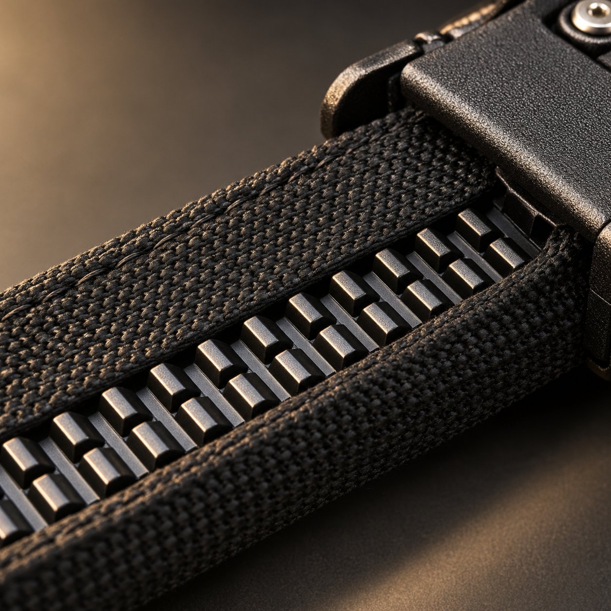 Macro detail of the toothed track sewn along the inside face of the Pomence Ratchet Tactical Belt strap