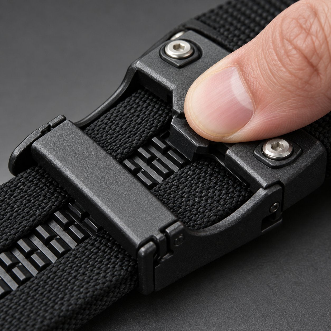 A thumb pressing the release lever on the underside of the Pomence Ratchet Tactical Belt buckle