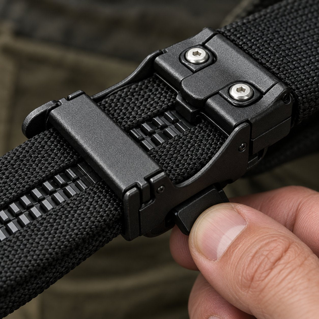 Close view of the metal ratchet buckle on the Pomence Ratchet Tactical Belt biting the toothed track sewn inside the strap
