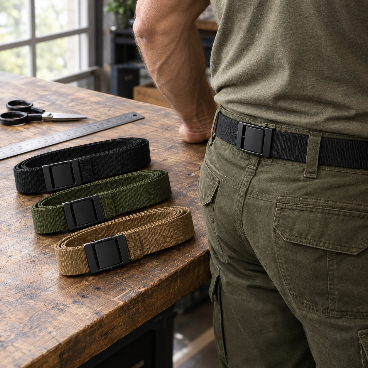 The Pomence Ratchet Tactical Belt in black, army green and tan laid out on a workbench with the printed fit guide