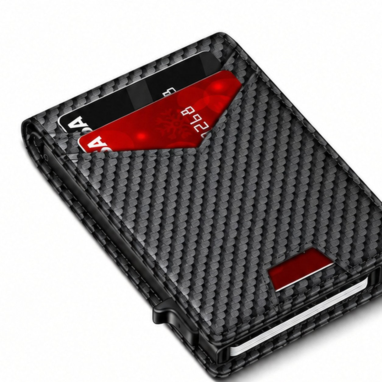 Close-up of the woven carbon-look finish on the closed Pomence RFID Minimalist Bifold Wallet