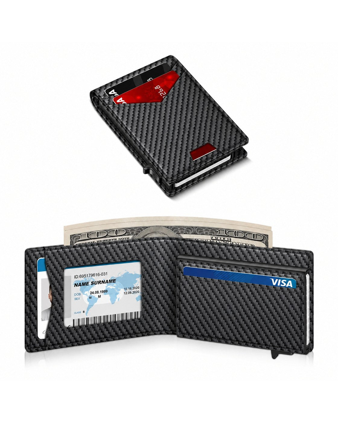 The Pomence RFID Minimalist Bifold Wallet open, showing the clear ID window, card slots, cash slot and money clip