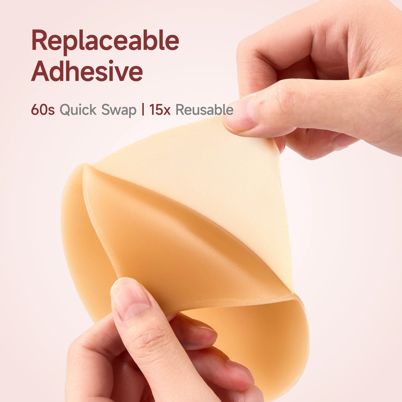 Hands peeling the replaceable adhesive layer off the Pomence Push-Up Sticky Bra