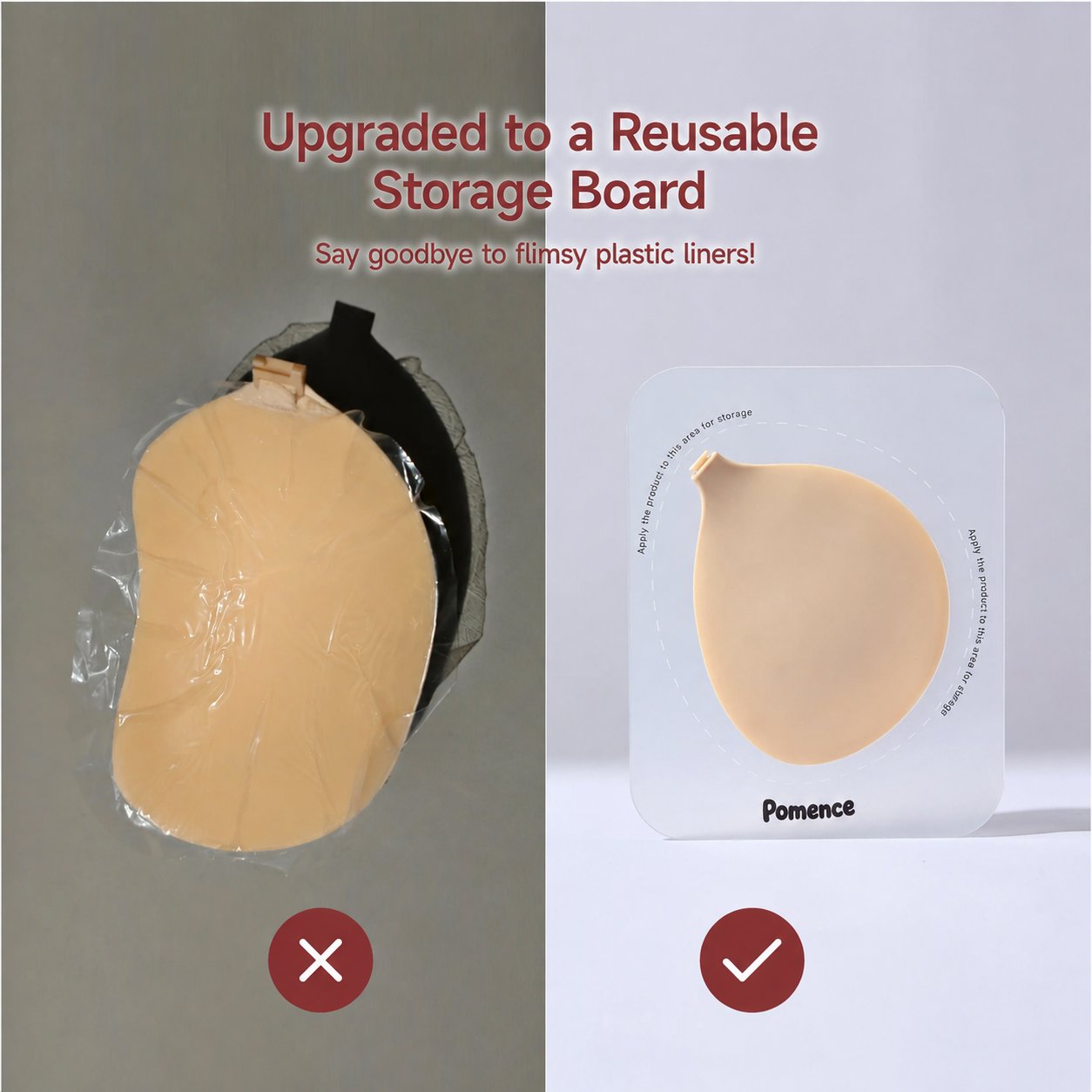 The Pomence storage board next to a flimsy plastic liner