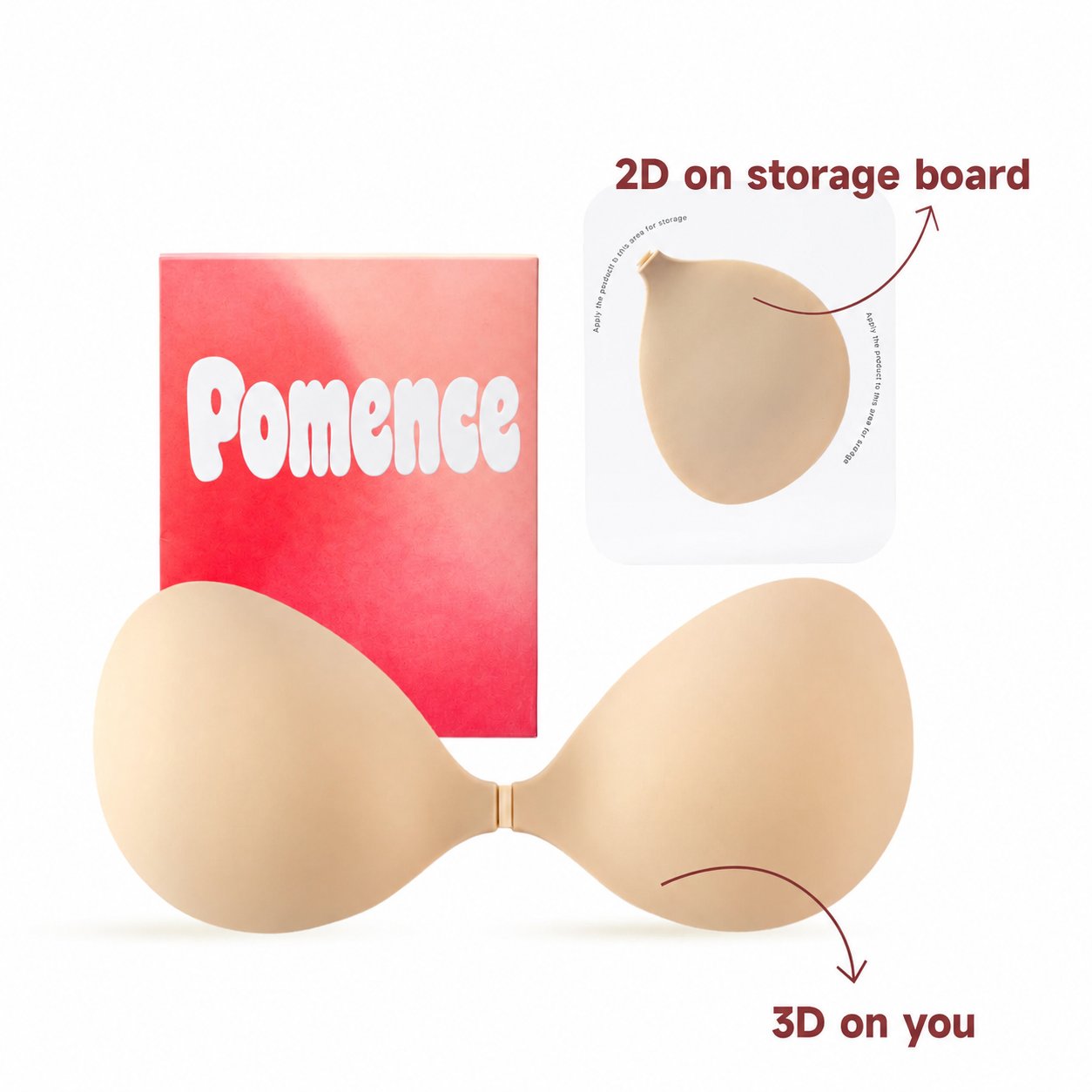 The Pomence Push-Up Sticky Bra shown flat on its storage board and worn