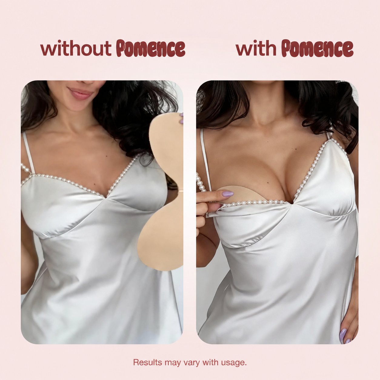 A woman in a satin dress shown before and after wearing the Pomence Push-Up Sticky Bra