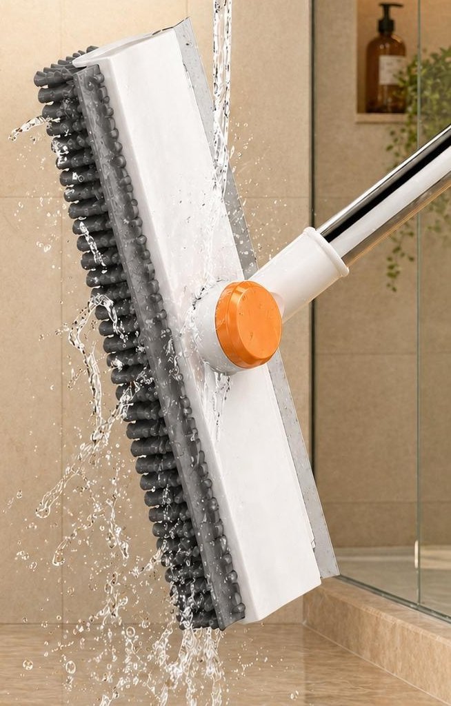 Running water rinsing the stiff bristles of the Pomence 3-in-1 Floor Scrub Brush