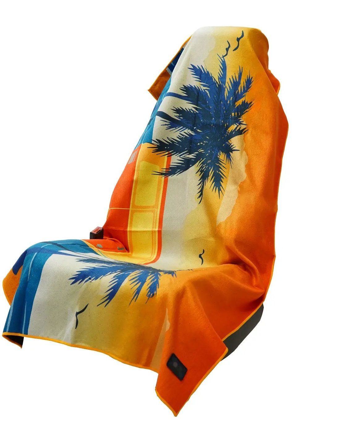 The Pomence Car Seat Cover Towel in Retro Sunset over a car seat
