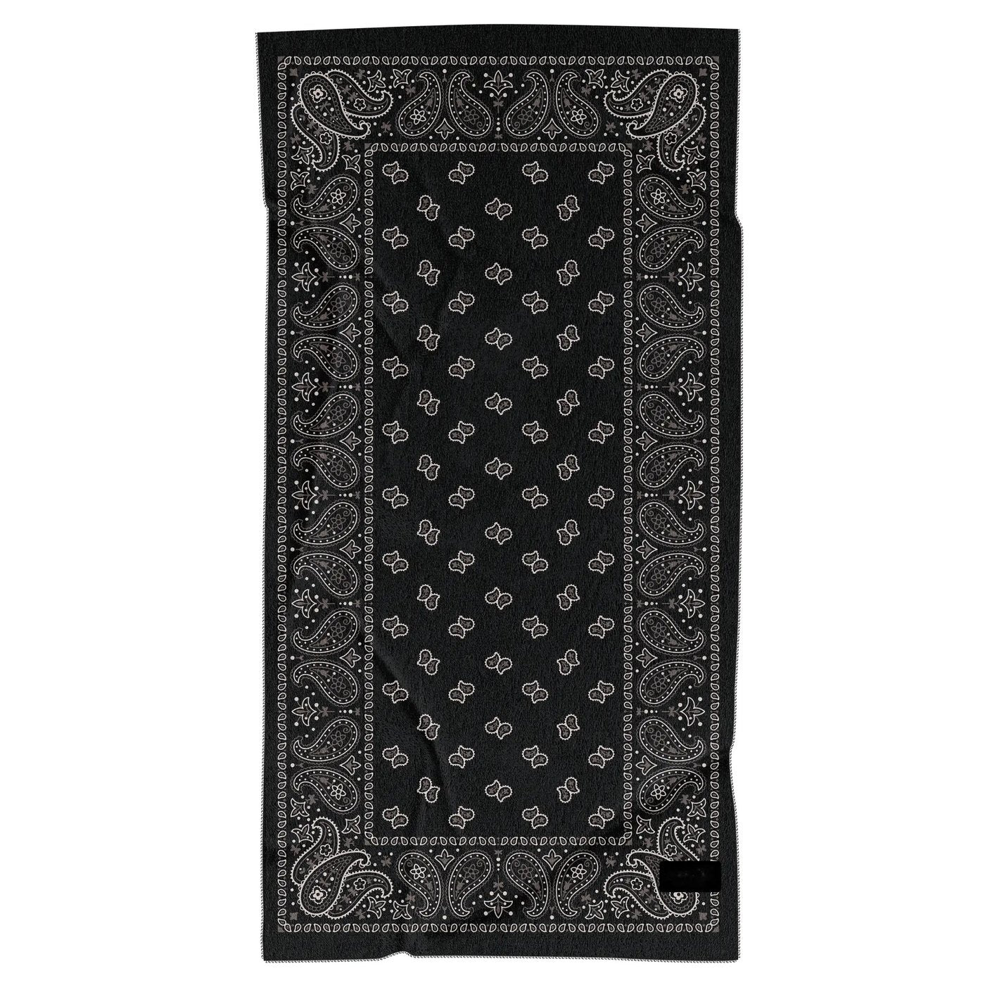 The Pomence Car Seat Cover Towel in Black Paisley laid flat