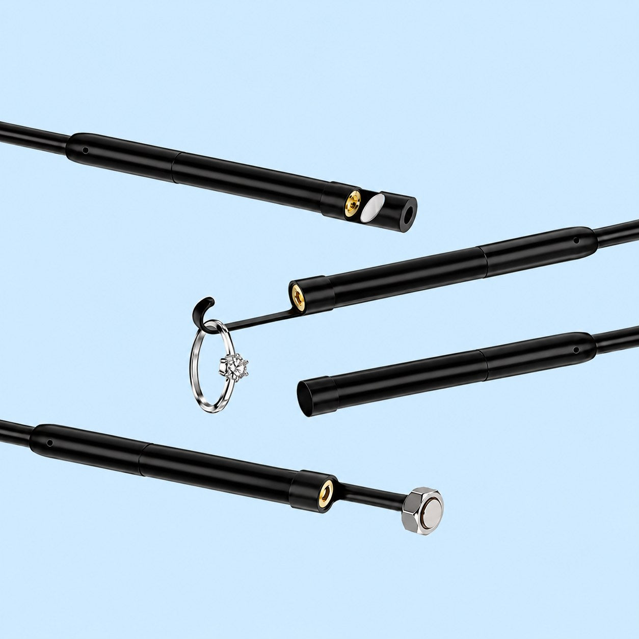 The magnet, hook and mirror tips of the Pomence Snake Inspection Camera