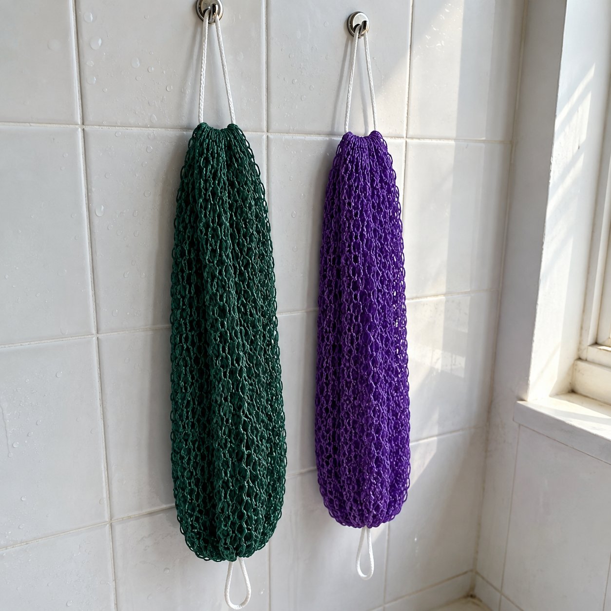 Green and purple net sponges hanging dry on shower hooks