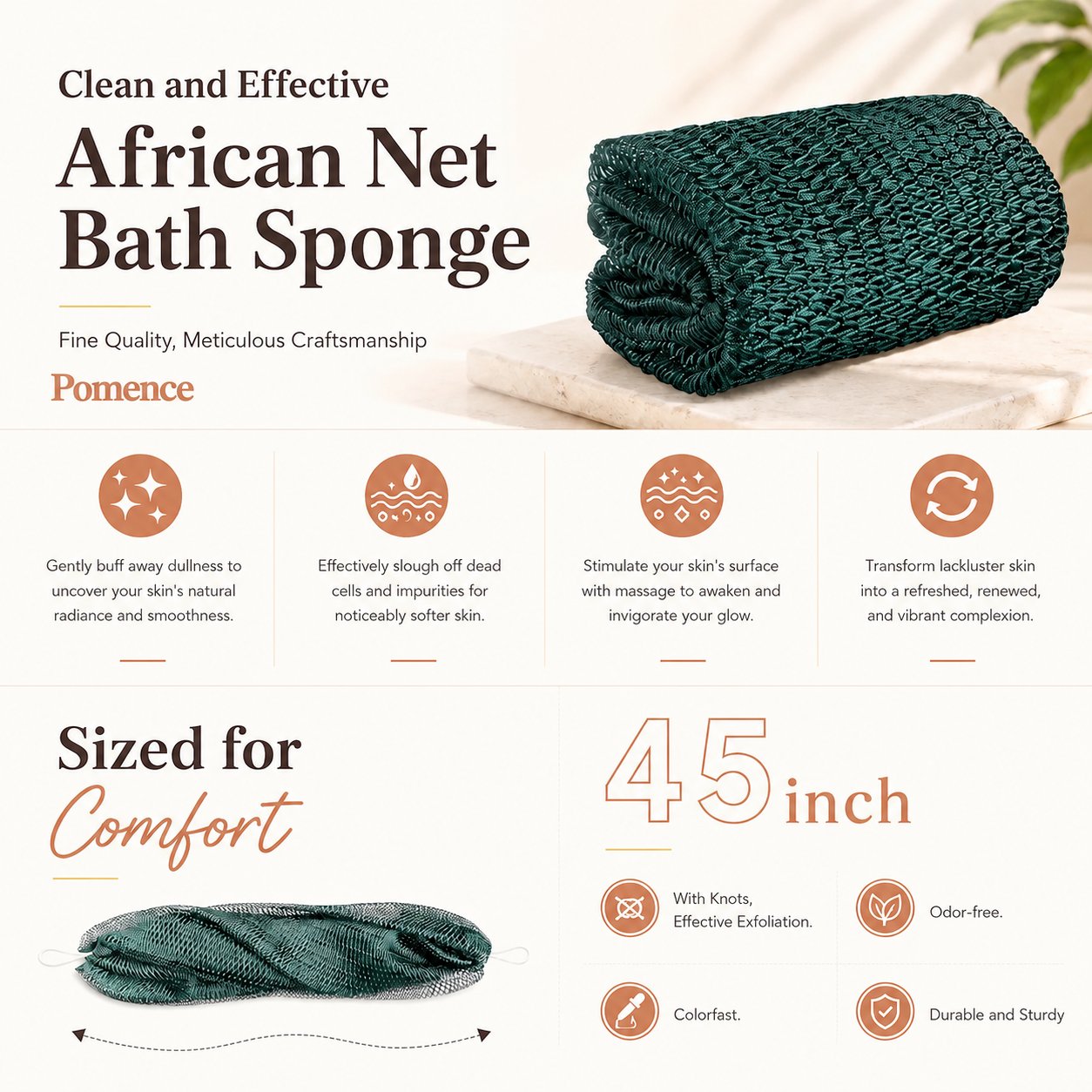 Clean and effective African net bath sponge, 45 inch, with knots, odor-free, colorfast, durable