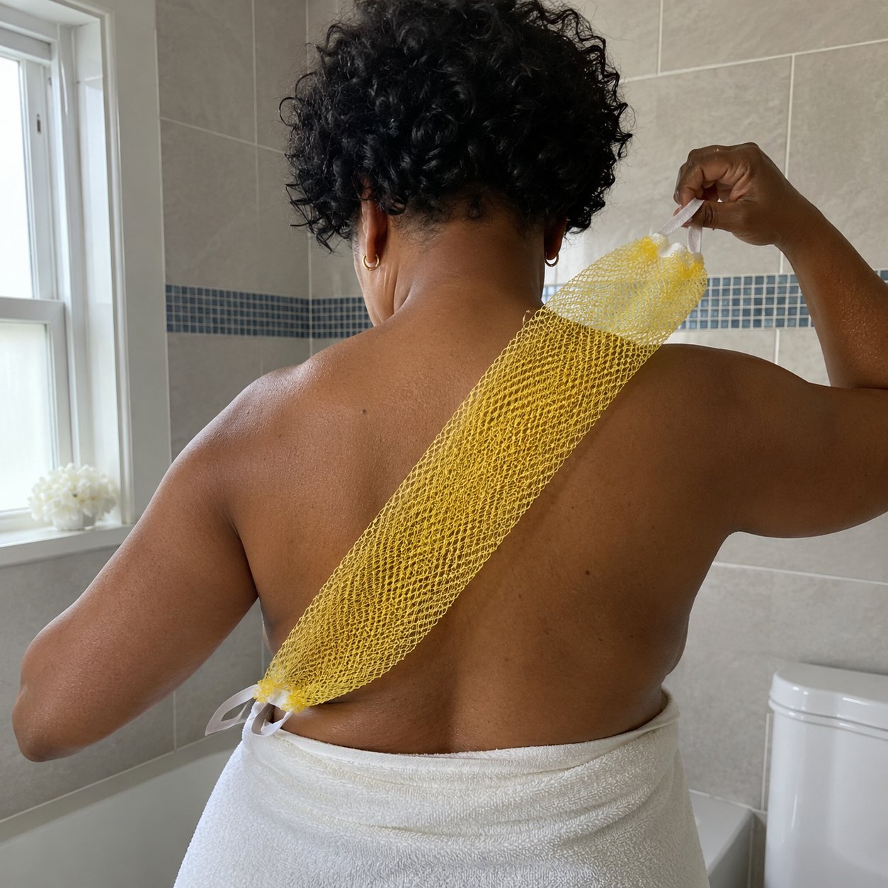 Woman pulling the yellow net sponge across her back