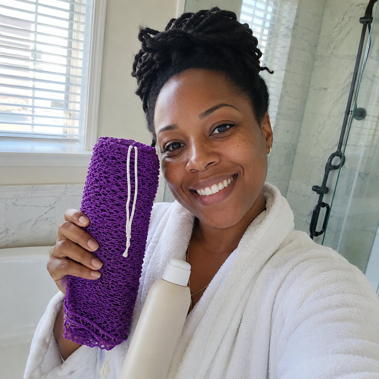 Woman holding the purple net sponge and a bottle of body wash