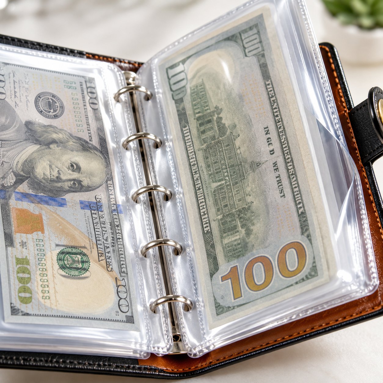 Close view of a bill inside a clear side-loading sleeve of the Pomence Savings Binder with Lock