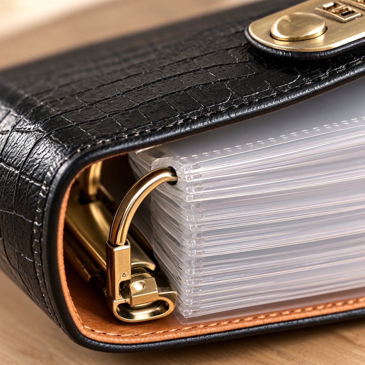 Close view of the ring binding holding the clear sheets of the Pomence Savings Binder with Lock