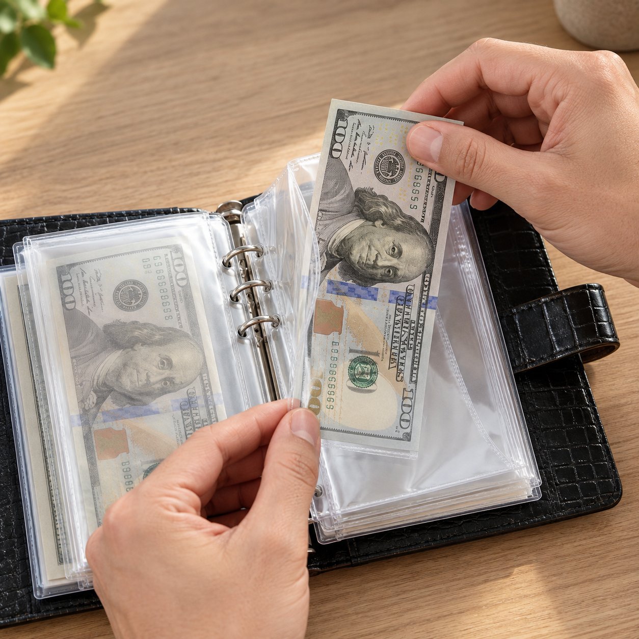 Hands sliding cash into the clear pockets of the Pomence Savings Binder with Lock