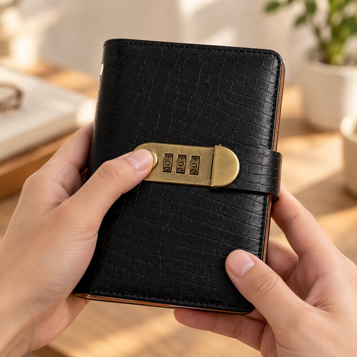 A thumb sliding the brass 3-digit lock on the Pomence Savings Binder with Lock