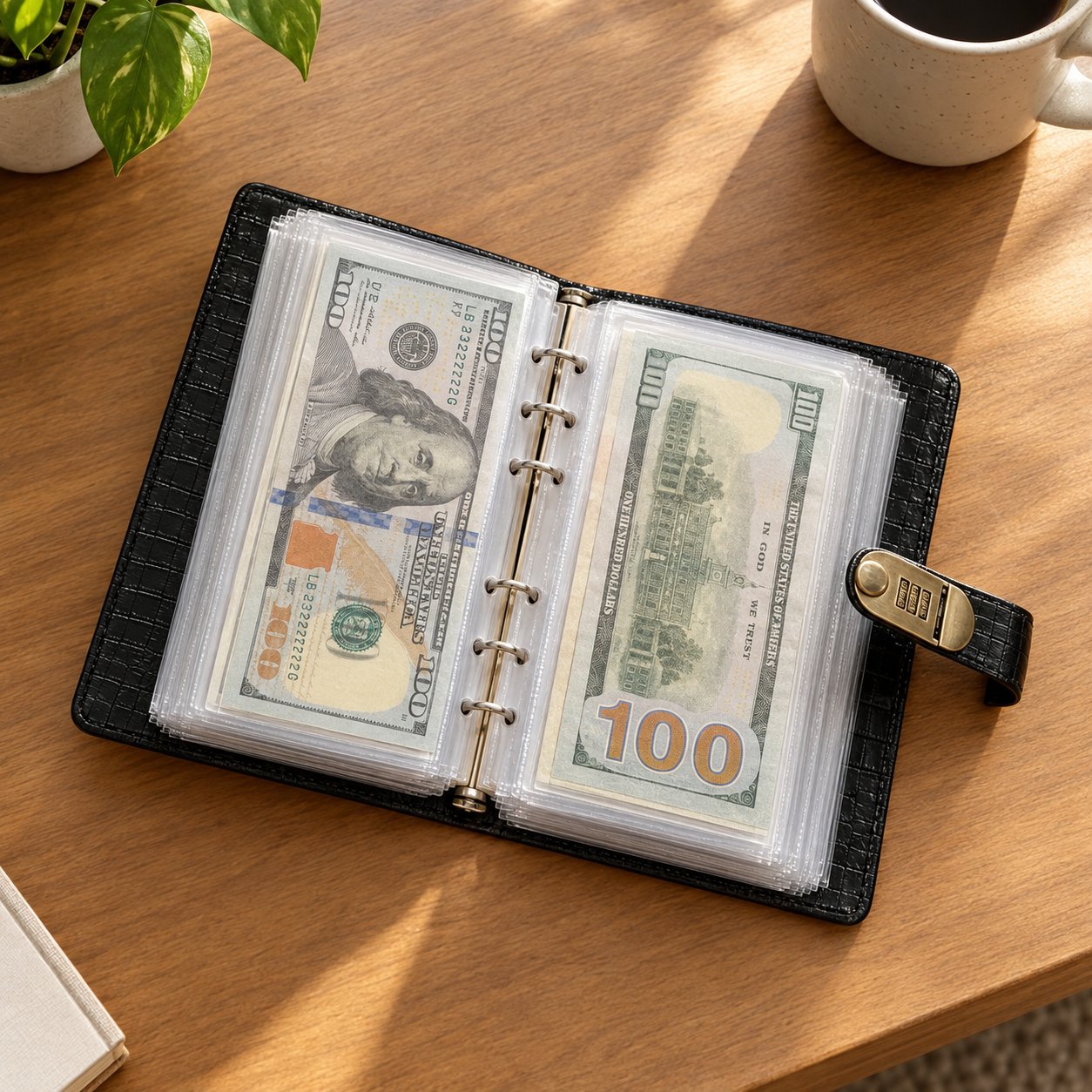 The Pomence Savings Binder with Lock lying open on a table with bills filling the clear pockets