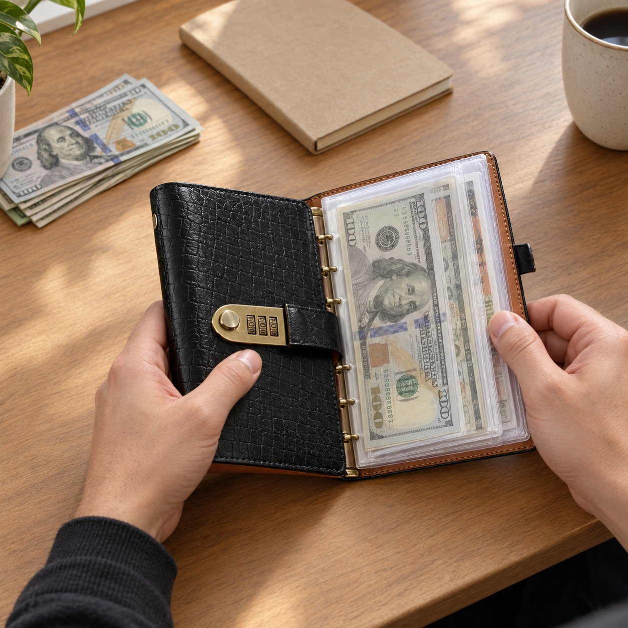 The Pomence Savings Binder with Lock open on a desk beside a stack of cash and a notebook