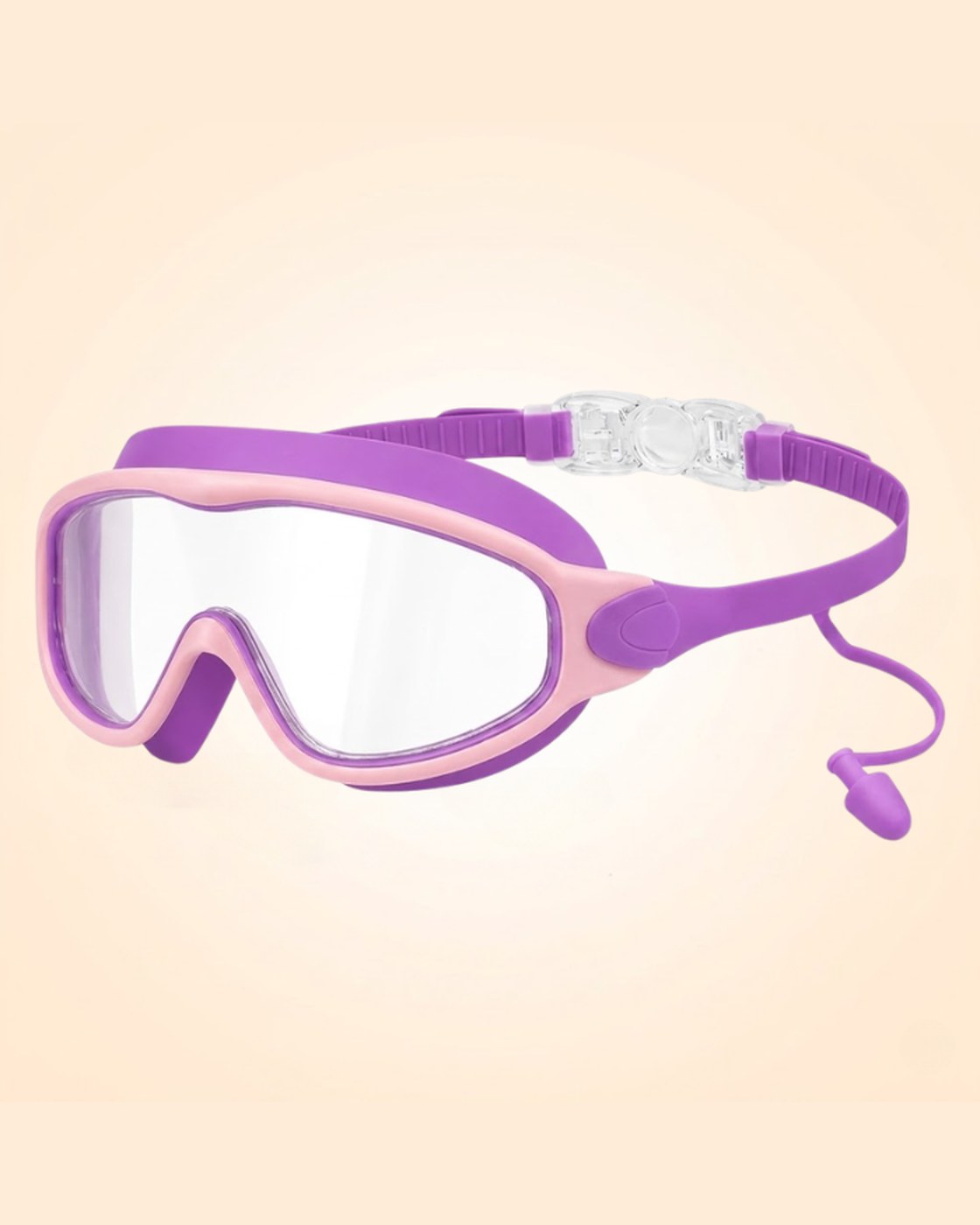 The Pomence Kids Swim Goggles on a folded towel, showing the single wide curved lens and the open nose notch