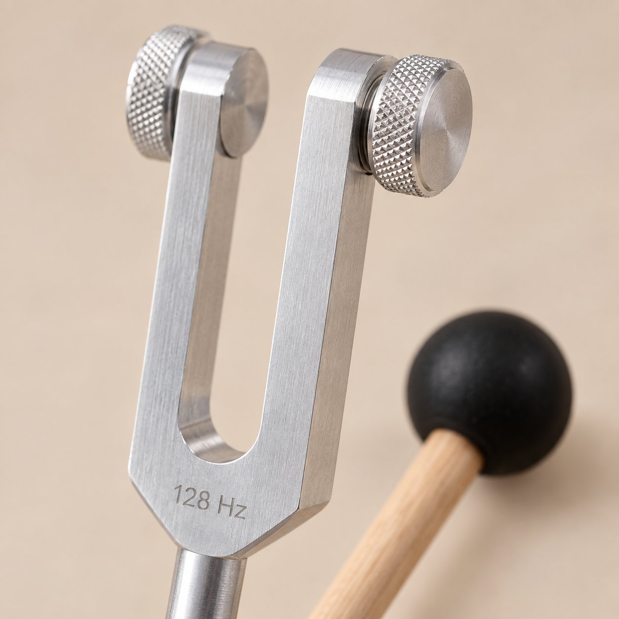 Macro view of the knurled cylindrical weight screwed onto the flat prong tip of the tuning fork