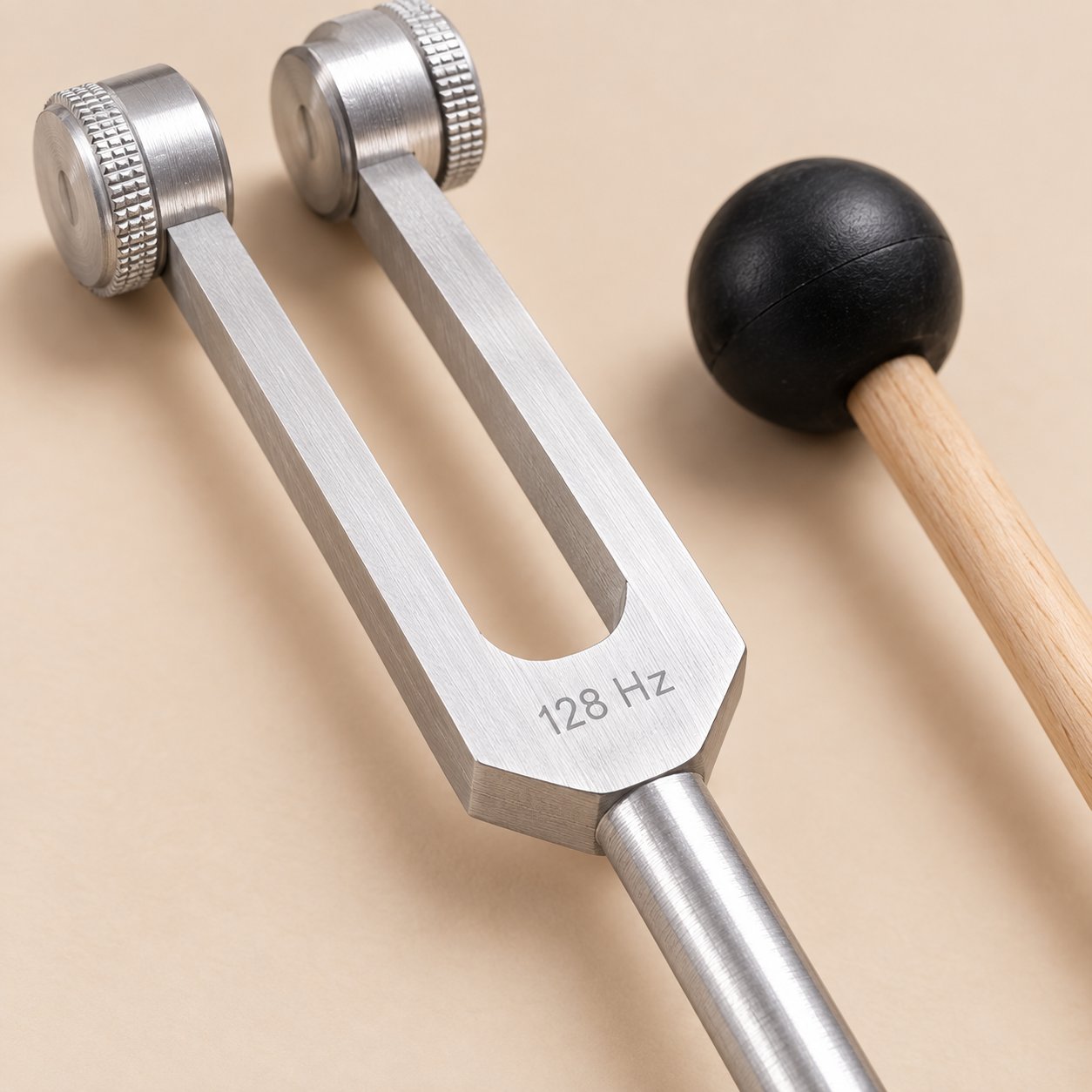 Macro view of the short round stem below the yoke of the tuning fork