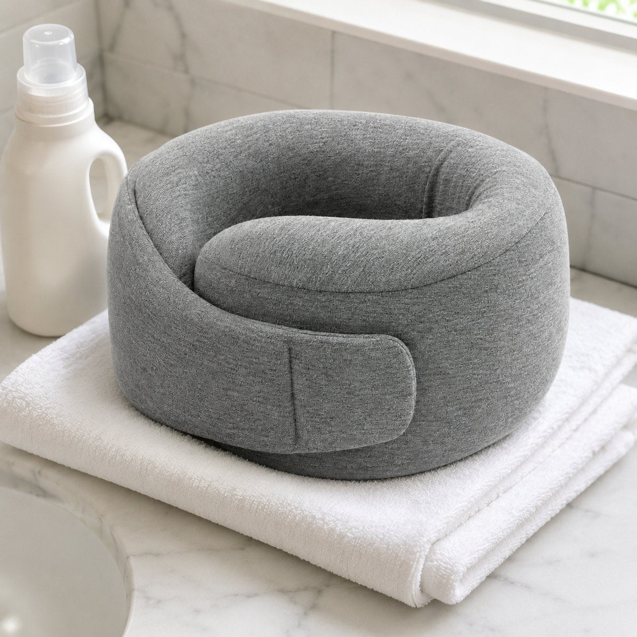 The Pomence Wrap Travel Neck Pillow resting on a towel next to gentle detergent