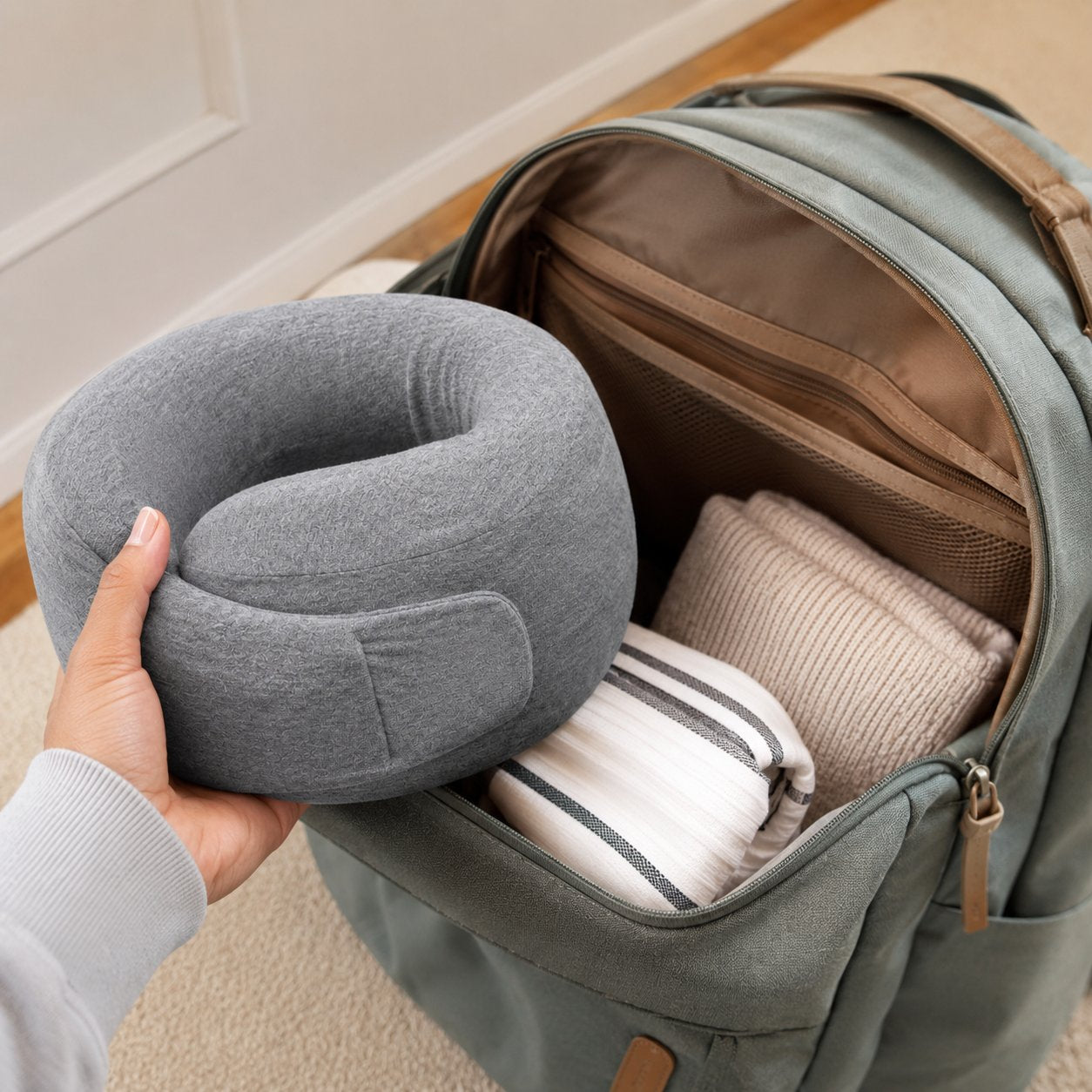 A hand holding the Pomence Wrap Travel Neck Pillow rolled up small next to a backpack pocket