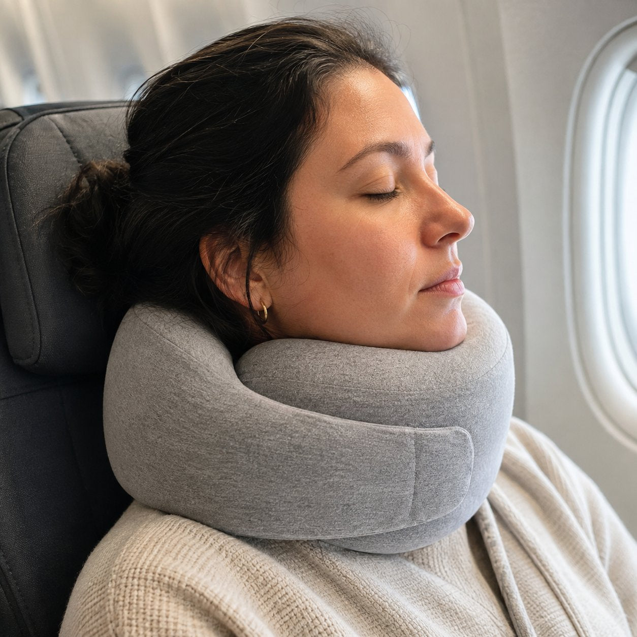 Woman sleeping upright in an airplane seat wearing the Pomence Wrap Travel Neck Pillow closed around her neck