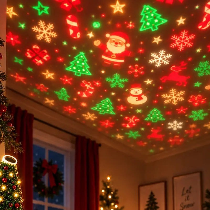 Holiday patterns projected across a ceiling in red, green and warm white