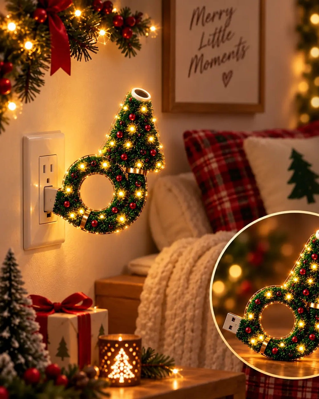 Pomence Christmas Projector Night Light plugged in beside a decorated living room
