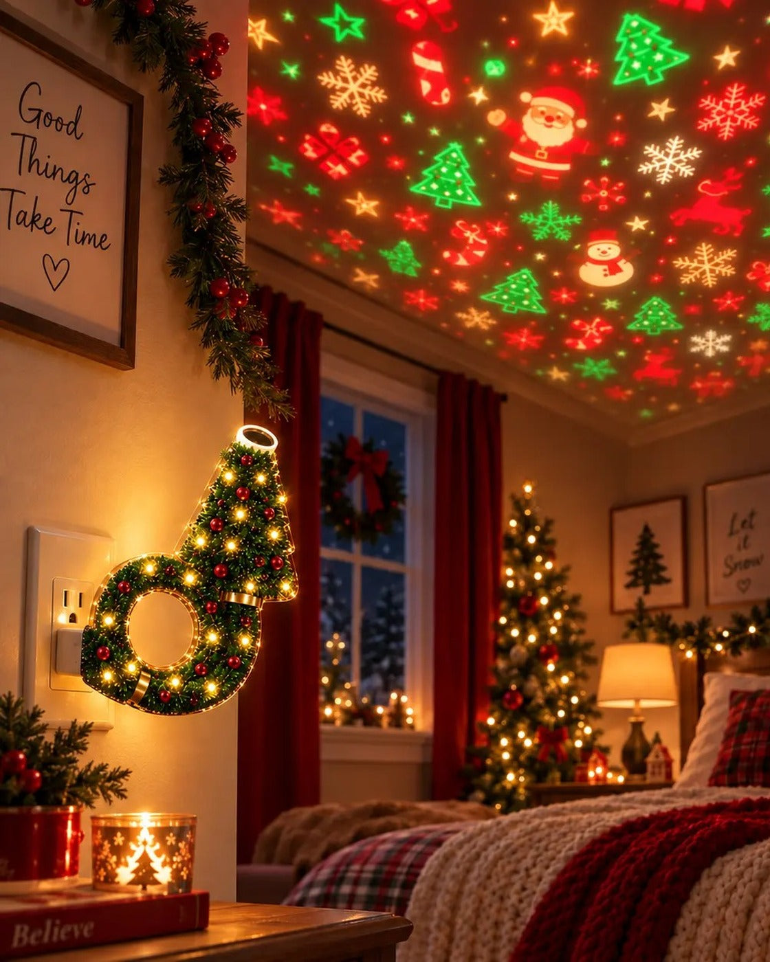 Christmas patterns projected across a bedroom ceiling by the Pomence night light