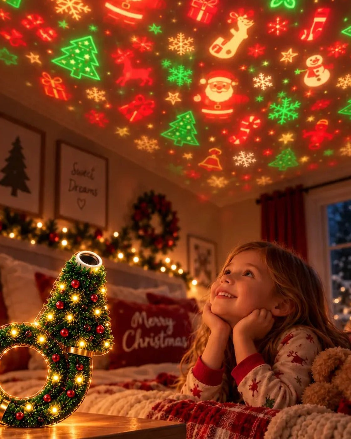 A child watching Christmas patterns on the ceiling from the Pomence night light