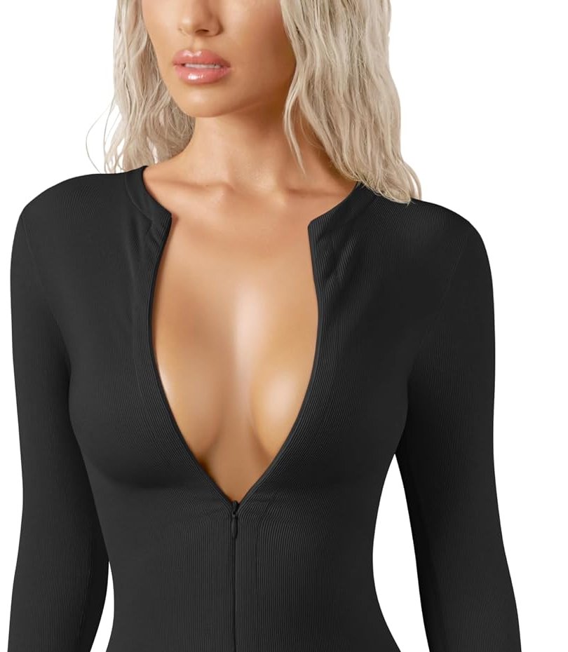 Pomence Invisible Zip Long Sleeve Bodysuit, invisible front zipper detail