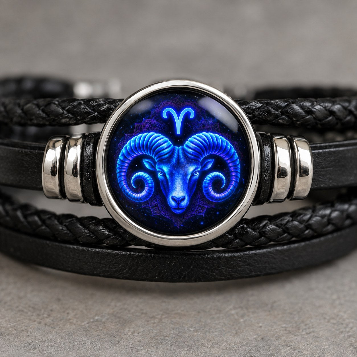 Macro close-up of the glass zodiac dome on the Pomence Zodiac Leather Bracelet