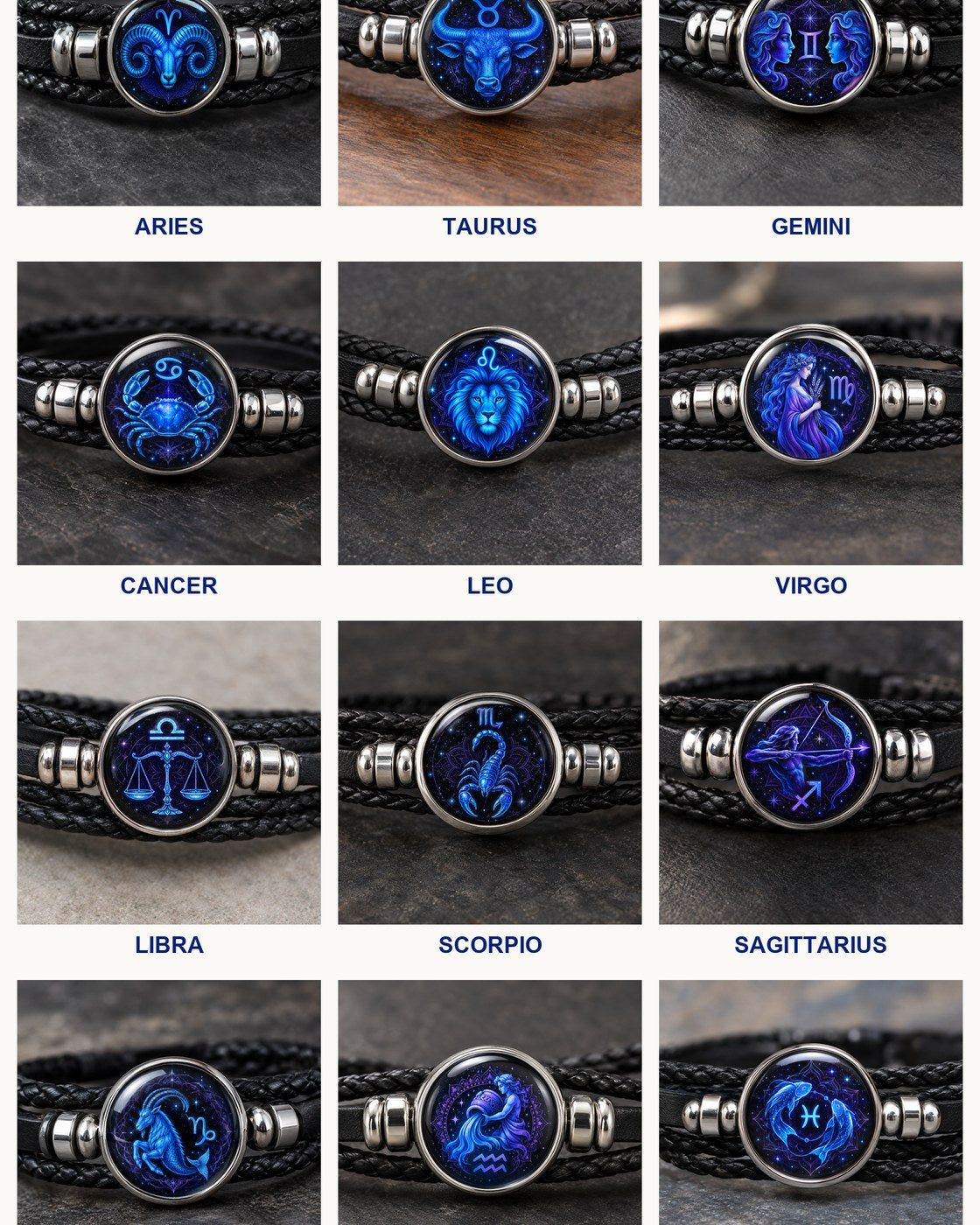 The twelve zodiac domes of the Pomence Zodiac Leather Bracelet shown together, one for each sign